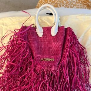 Women's Jacquemus Pink Le Petit Baci Fringed Straw Bag